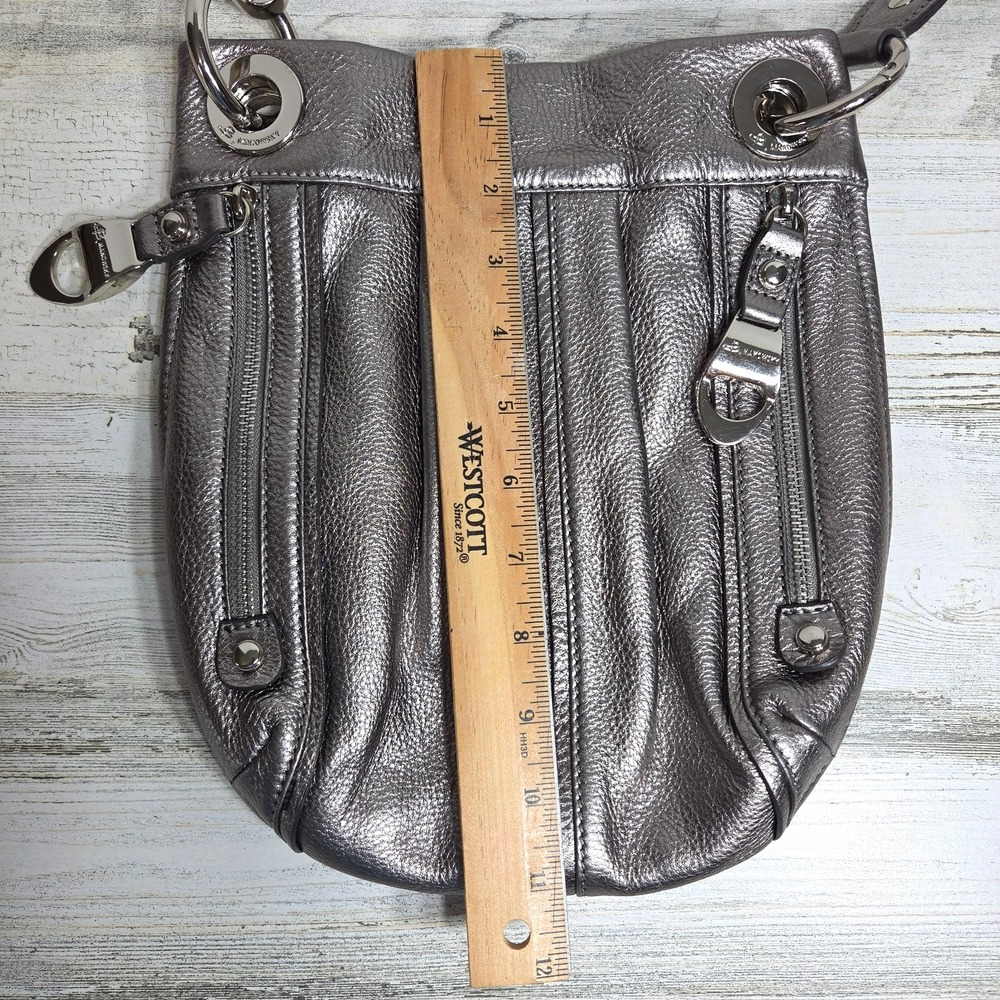 B. Makowsky Metallic Silver Pebbled Leather Crossbody Shoulder Bag Purse - Picture 11 of 16